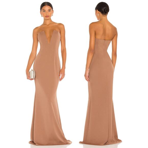 Katie May Crush Gown Formal Maxi Dress Strapless Plunging V Neck Cocoa Small - Picture 1 of 13